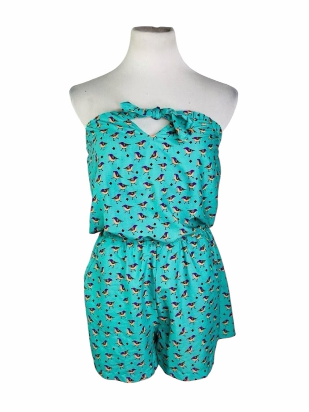 Fashion Web Mint Green Birds Strapless Romper - Medium